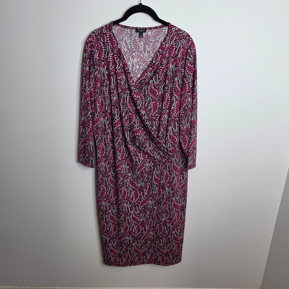 Talbots Faux Wrap Dress Women 2X Pink Black Floral Knit Sheath